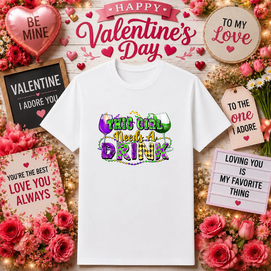This Girl Needs a Drink – Funny Valentine DTF Transfer – by Ink Rush – Premade Transfers – Apparel, DTF Transfers